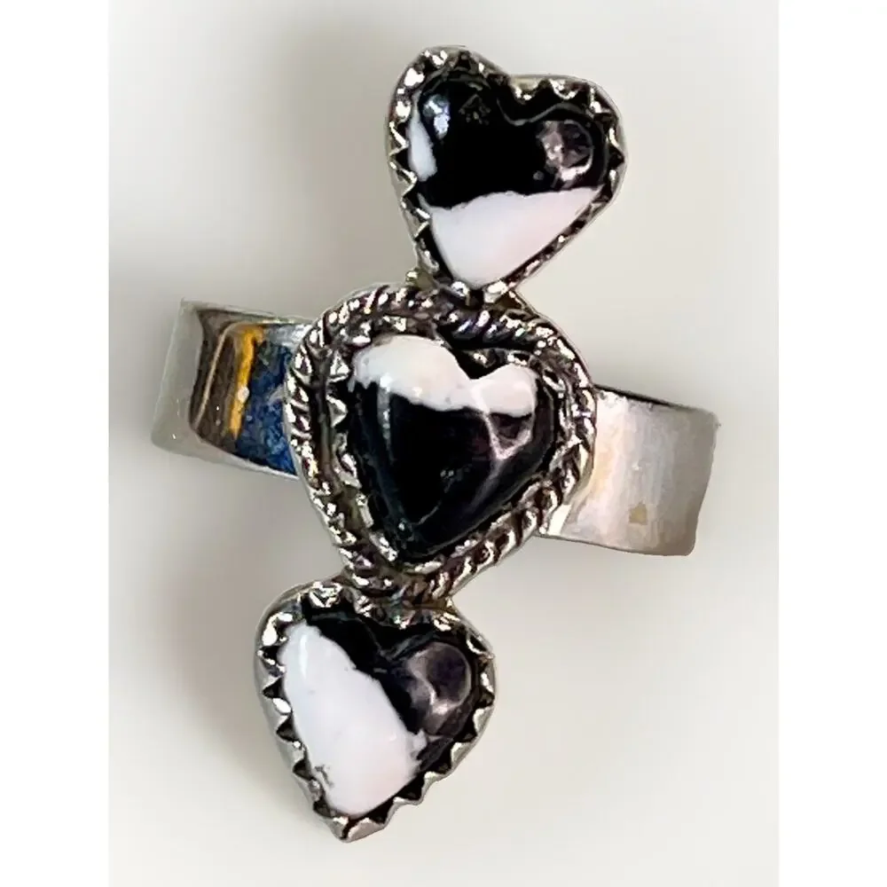 White Buffalo Turquoise Sterling Silver Stacked Hearts Adjustable Ring Southwest